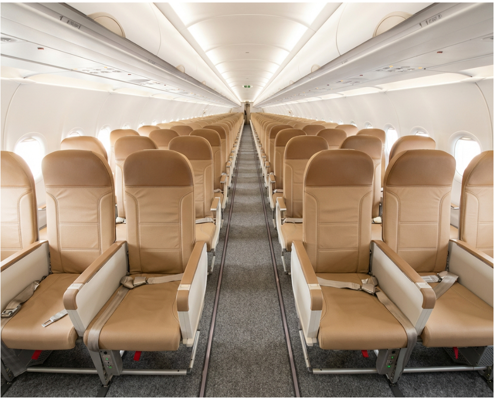 Aircraft cabin interior showcasing premium CMF branding