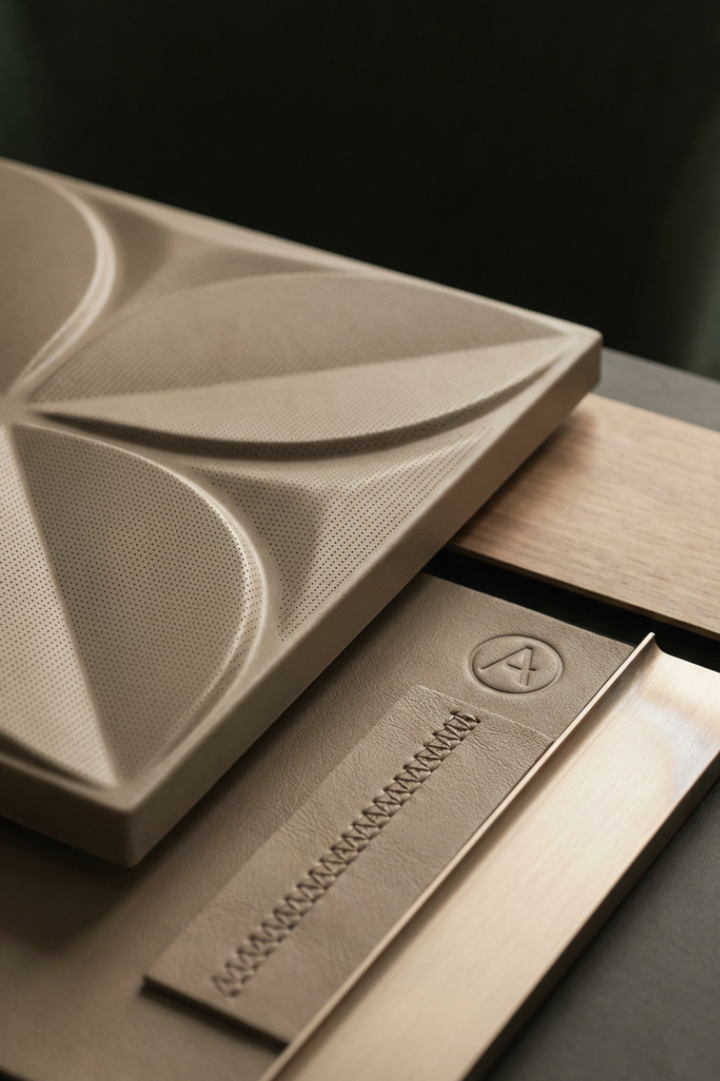 Premium leather and wood material junction showcasing CMF craftsmanship