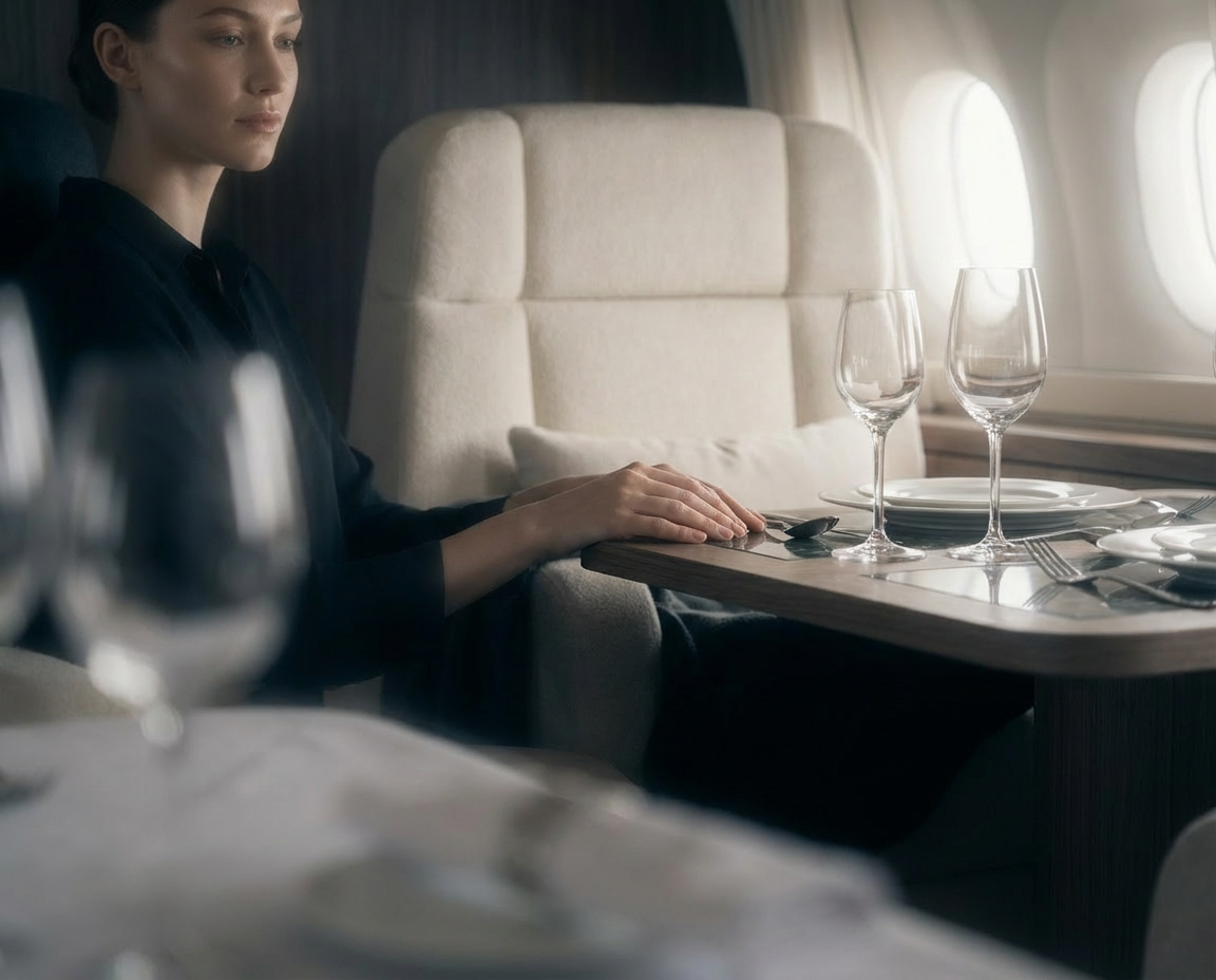 Rendering of a cabin set for a moment of arrival, a single place against soft window light