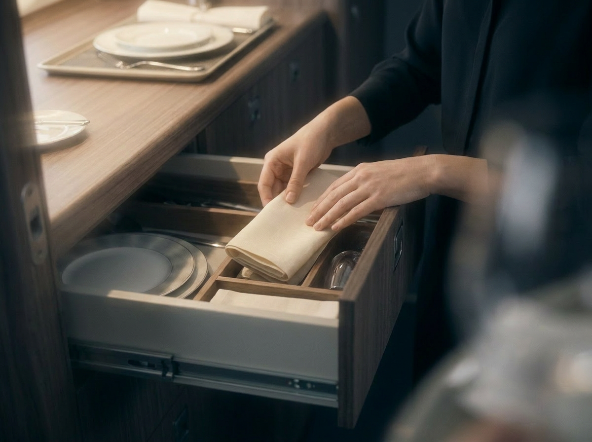 Rendering of galley service, folded linen drawn from a fitted drawer