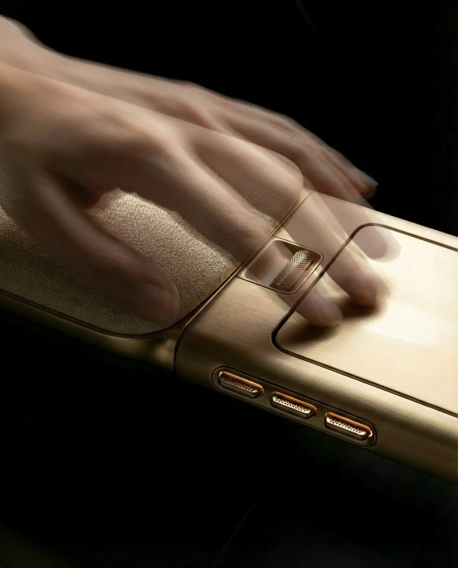 A hand resting on a warm gold control surface, finish read by touch